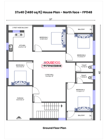 37x40 North Facing House Plan - 4 BHK Single Floor Design with Parking (1480 sq ft
