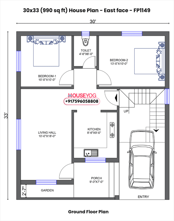 30x33 east facing house plan - 2 bhk single floor home design with parking (990 sq ft)