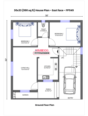 30x33 Single Floor 2 BHK East Facing Indian House Plan