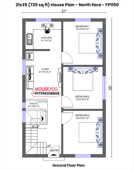21x35 north facing house plan - 3 bhk single floor layout on 735 sq ft plot