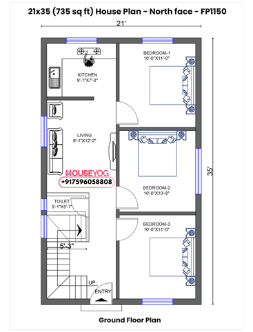 21x35 Single Floor 3 BHK North Facing Indian House Plan