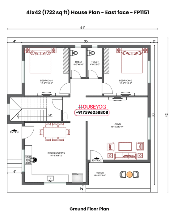 41x42 east facing house plan - 2 bhk single floor bungalow layout on 1722 sq ft plot