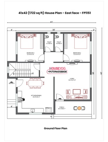 41x42 East Facing House Plan - 2 BHK Single Floor Bungalow Layout on 1722 sq ft Plot