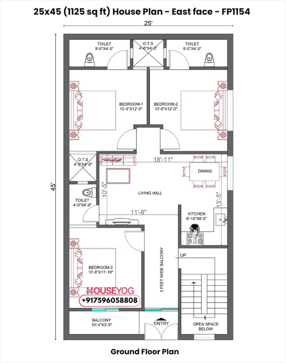 25x45 house plan - east facing 3 bhk single storey layout with verandah on 1125 sq ft plot