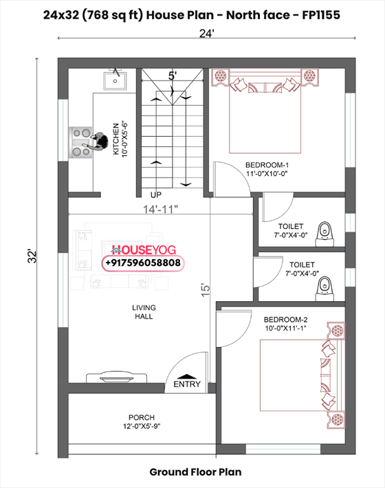 24x32 house plan - north facing 2 bhk single storey layout with porch on 768 sq ft plot