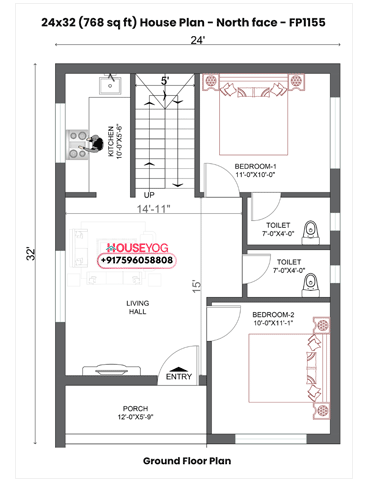 24x32 House Plan - North Facing 2 BHK Single Storey Layout with Porch on 768 sq ft Plot