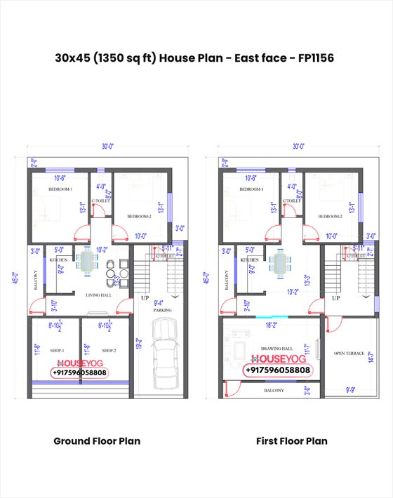 30x45 house plan east facing - 4 bhk double storey layout with 2 shops on 1350 sq ft plot