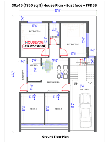 30x45 House Plan East Facing - 4 BHK Double Storey Layout with 2 Shops on 1350 sq ft Plot