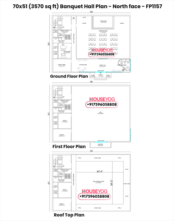 70x51 banquet hall plan - north facing 3 storey marriage hall layout on 3570 sq ft plot