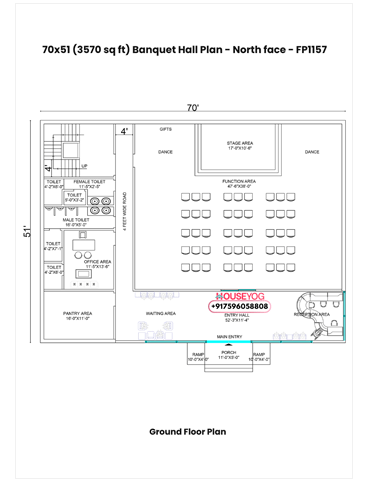 70x51 Triple Story 4 BHK North Facing Indian House Plan