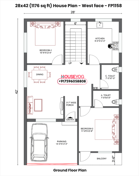 28x42 house plan west facing - 2 bhk luxurious single storey layout with parking (1176 sq ft)