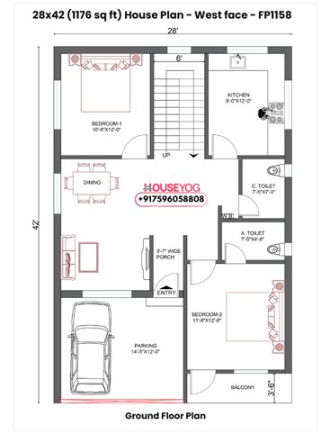 28x42 House Plan West Facing - 2 BHK Luxurious Single Storey Layout with Parking (1176 sq ft)