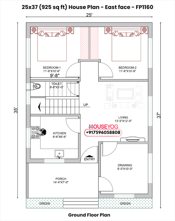25x37 house plan east facing - 3 bhk single storey layout (925 sq ft) with spacious hall & kitchen