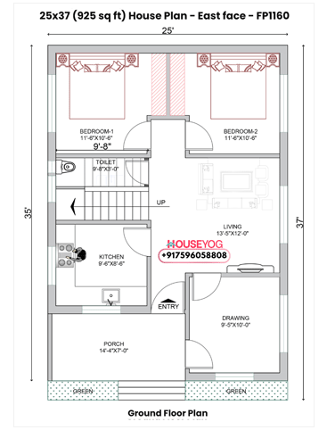 25x37 House Plan East Facing - 3 BHK Single Storey Layout (925 sq ft) with Spacious Hall & Kitchen