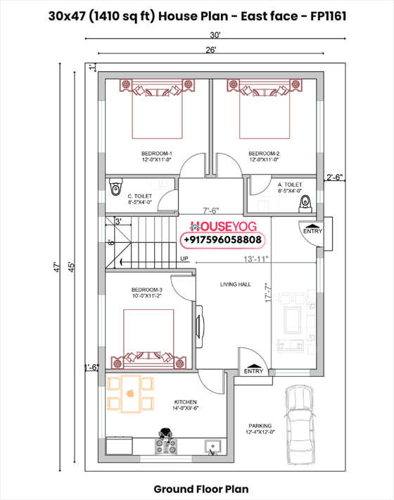 26x45 house plan east facing - 3 bhk single storey layout with car parking (1170 sq ft)