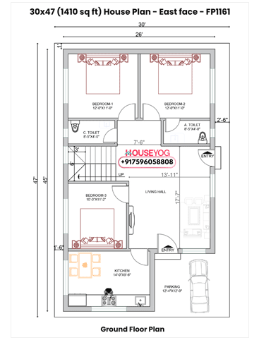 26x45 House Plan East Facing - 3 BHK Single Storey Layout with Car Parking (1170 sq ft)