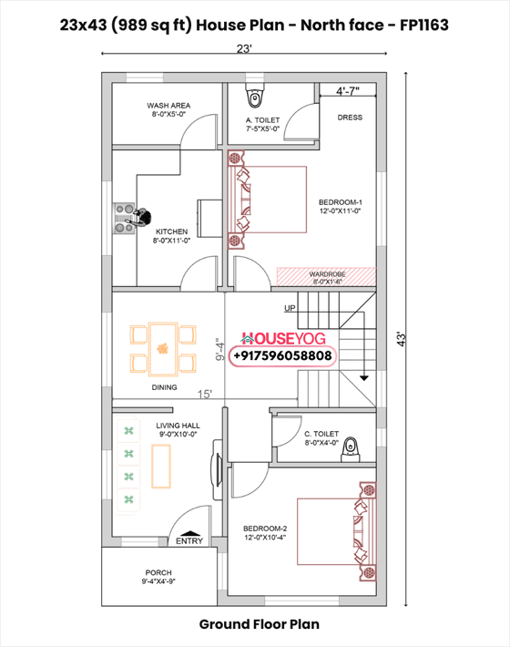 23x43 house plan north facing - 2 bhk single floor layout (989 sq ft) with porch