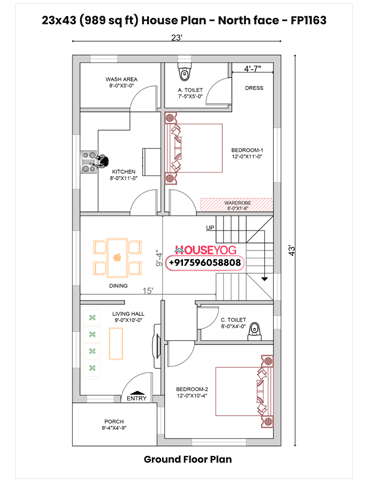 23x43 House Plan North Facing - 2 BHK Single Floor Layout (989 sq ft) with Porch