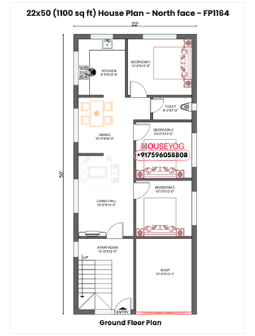 22x50 House Plan North Facing - 3BHK with Shop - 1100 sq ft Single Floor Layout