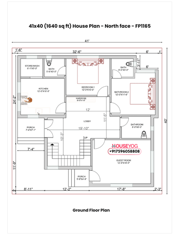 41x40 House Plan North Facing - 3 BHK with Guest Room & Parking | 1640 sq ft Single Storey Layout