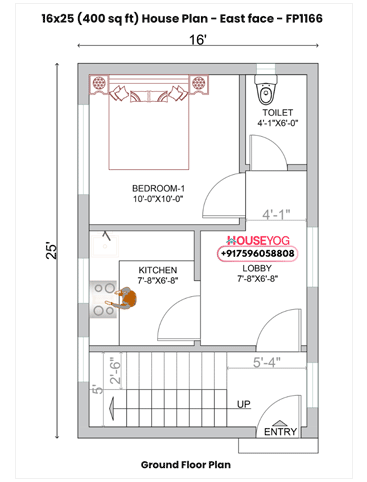 22x50 East Facing House Plan - Compact 1 BHK Single Floor Layout (400 sq ft)