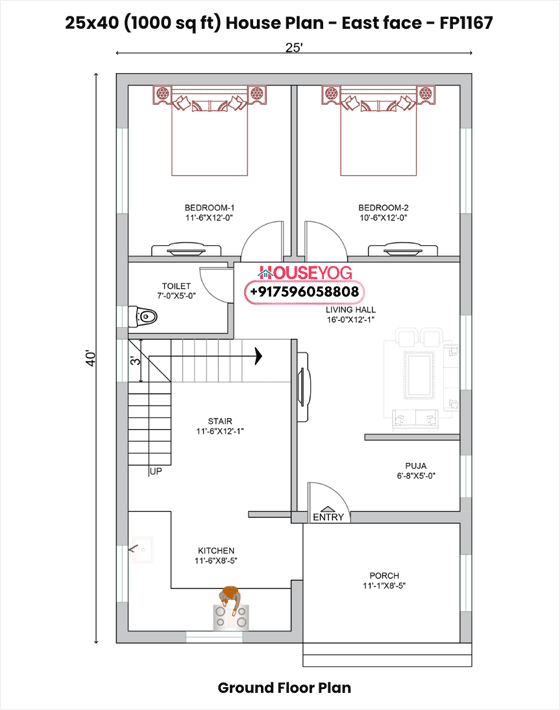 25x40 east facing house plan - 2 bhk single floor layout (1000 sq ft)