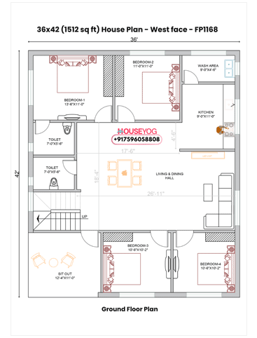 36x42 West Facing House Plan - 4BHK Single Floor Bungalow (1512 sq ft)