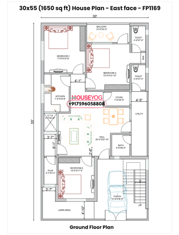 30x55 East Facing House Plan - 3BHK Single Floor Villa (1650 sq ft)