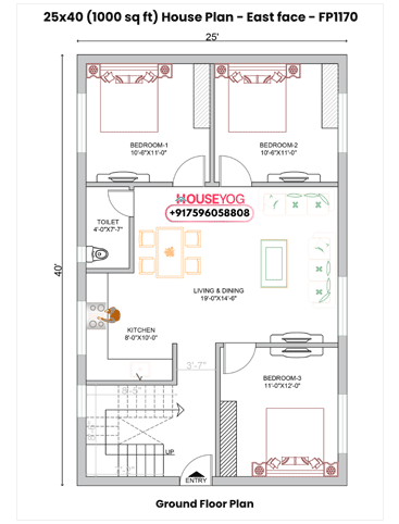 25x40 East Facing 3BHK House Plan | 1000 sq ft Single Floor Layout