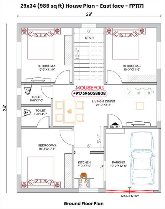 29x34 east facing house plan - 3bhk single floor villa (986 sq ft)