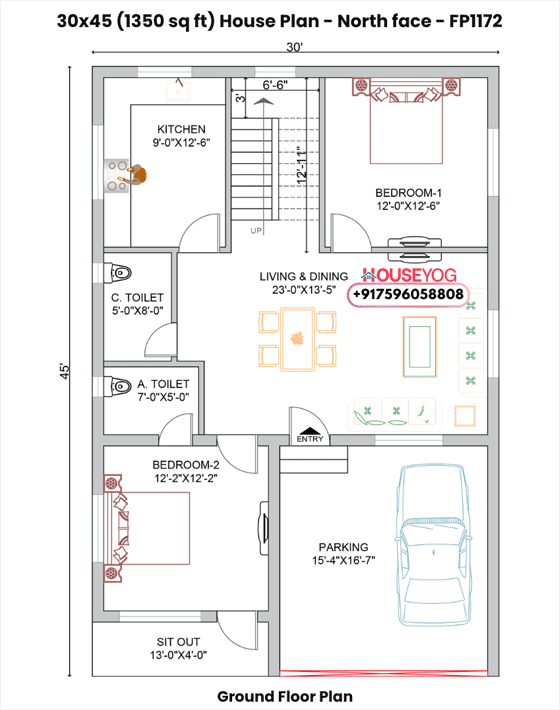 30x45 north facing 2bhk house plan - 1350 sq ft single floor layout with parking