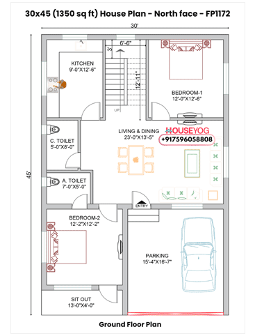 30x45 North Facing 2BHK House Plan - 1350 sq ft Single Floor Layout with Parking