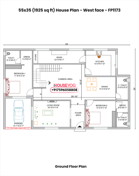 55x35 west facing bungalow plan - 1925 sq ft 5bhk luxury villa layout