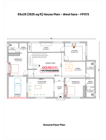 55x35 Single Floor 2 BHK West Facing Indian House Plan
