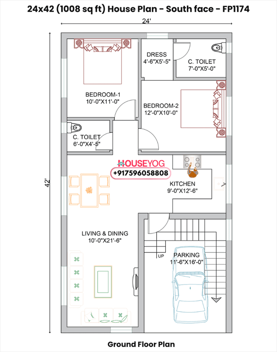 24x42 south facing 2bhk house plan - 1008 sq ft single floor layout with parking
