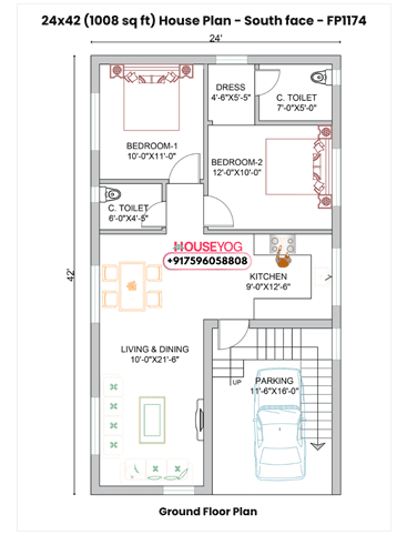 24x42 South Facing 2BHK House Plan - 1008 sq ft Single Floor Layout with Parking
