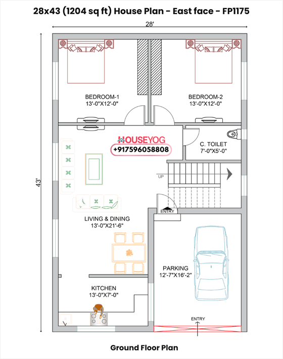 28x43 south facing 2bhk house plan - 1204 sq ft single floor layout with car parking