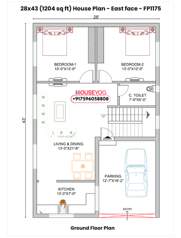 28x43 South Facing 2BHK House Plan - 1204 sq ft Single Floor Layout with Car Parking