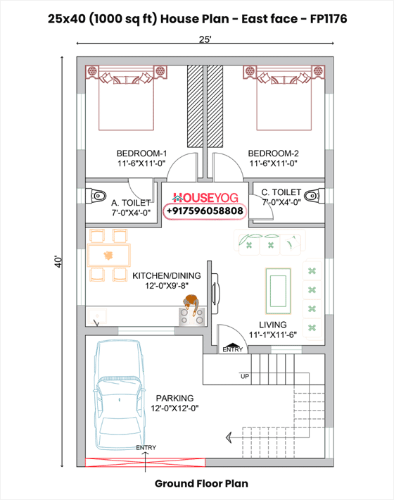 25x40 east facing 2bhk house plan - 1000 sq ft single floor design with car parking