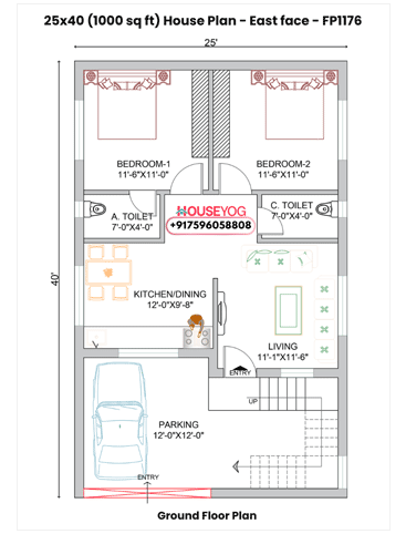 25x40 East Facing 2BHK House Plan - 1000 sq ft Single Floor Design with Car Parking