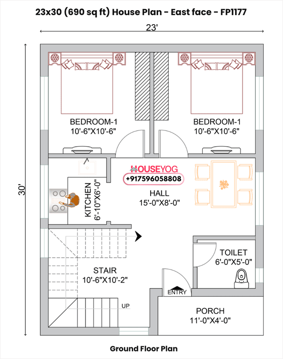 23x30 house plan east facing – 2bhk single floor layout for 690 sq ft plot (no parking space)