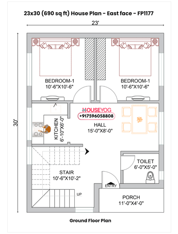 23x30 Single Floor 2 BHK East Facing Indian House Plan