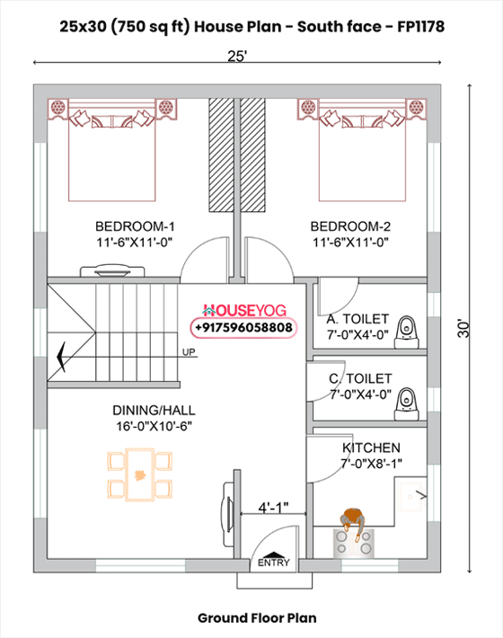 25x30 house plan south facing - 2bhk single floor design for 750 sq ft plot