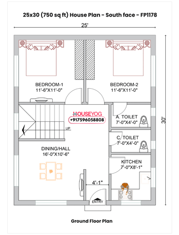 25x30 Single Floor 2 BHK South Facing Indian House Plan