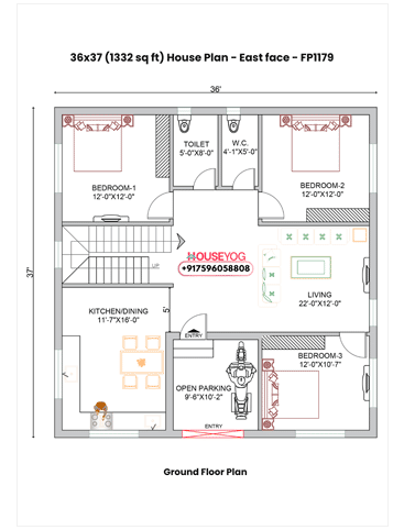 36x37 Single Floor 3 BHK East Facing Indian House Plan