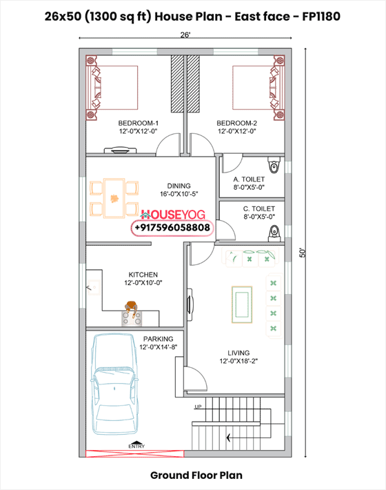 26x50 house plan east facing - 2bhk single floor layout with parking | 1300 sq ft