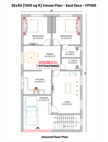 26x50 Single Floor 2 BHK East Facing Indian House Plan
