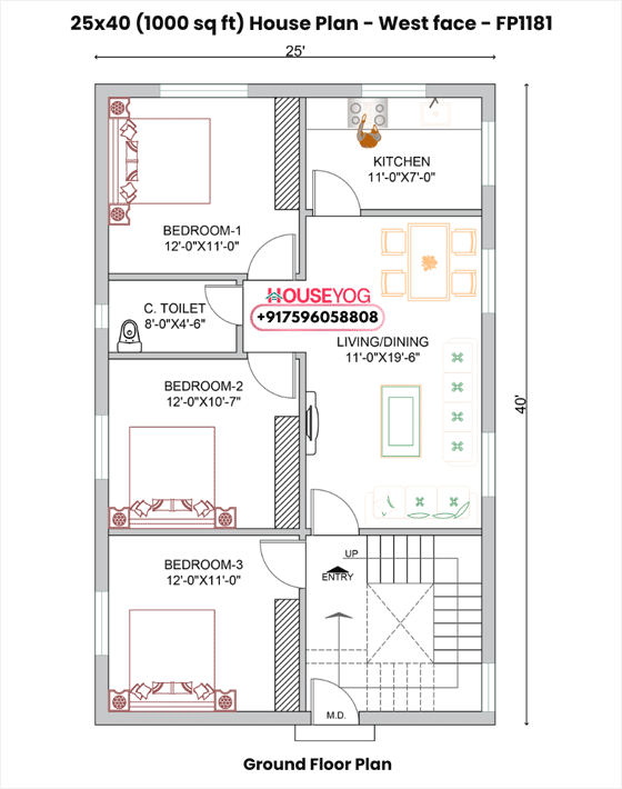 25x40 house plan west facing - 3bhk single floor layout for 1000 sq ft