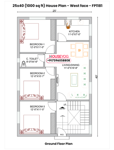 25x40 House Plan West Facing - 3BHK Single Floor Layout for 1000 sq ft