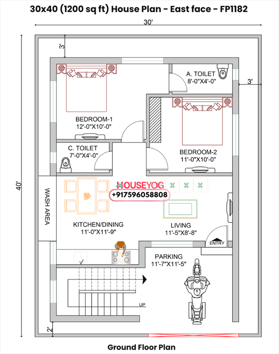 30x40 east facing 2bhk house plan (1200 sq ft) - single floor layout for motihari, bihar
